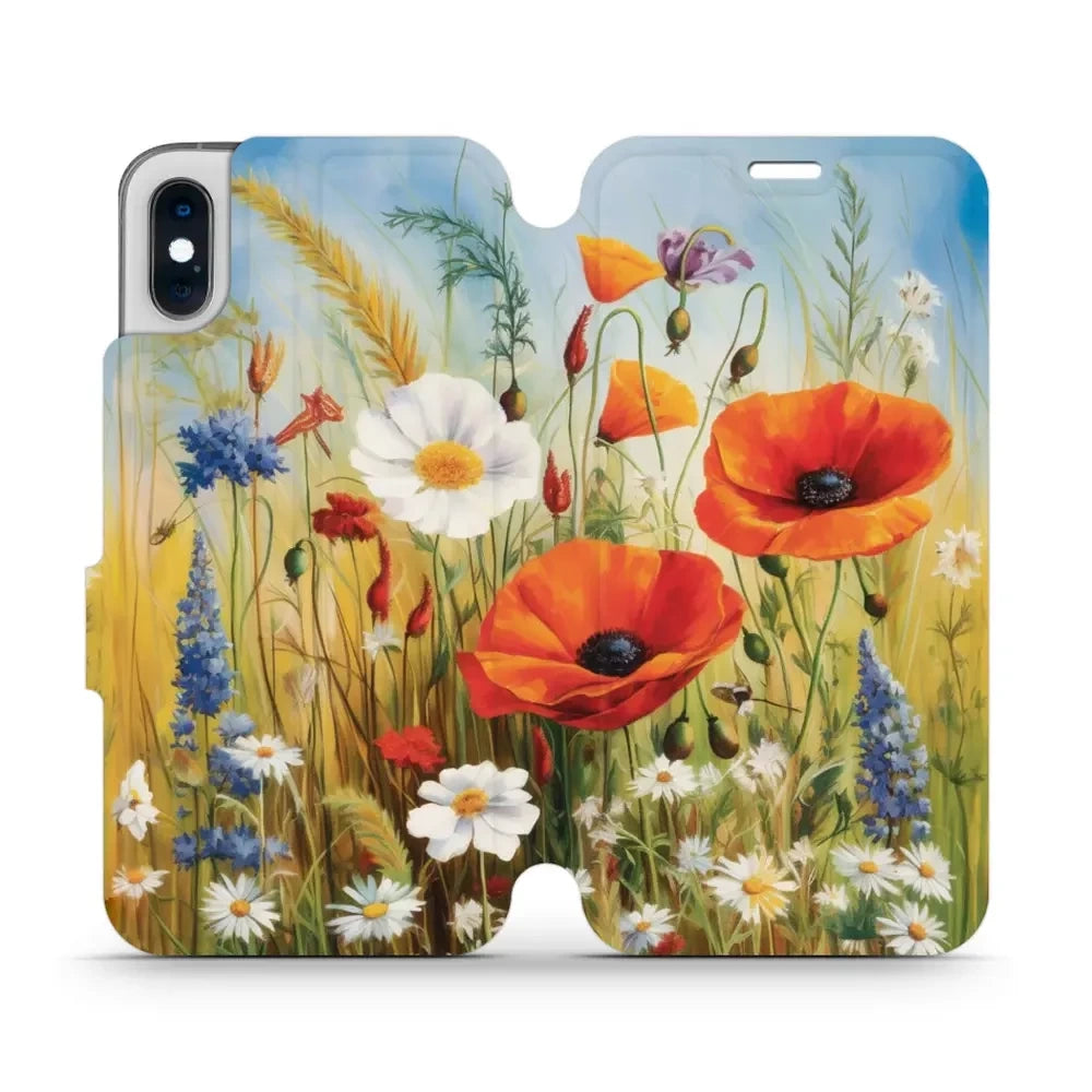 Handyhülle mit klappe für iPhone Xs, Mobiwear Book, Wiesenblumen
