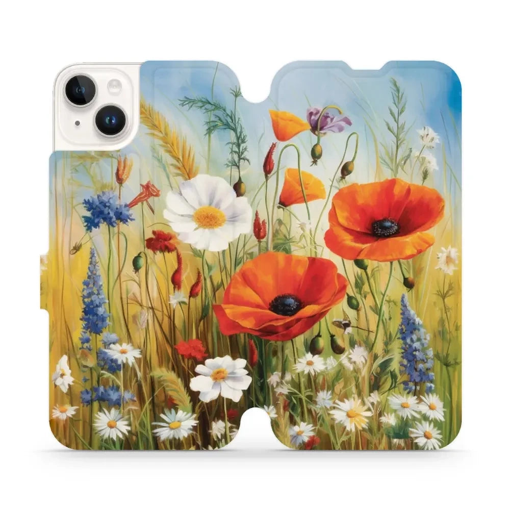 Handyhülle mit klappe für iPhone 14 Plus, Mobiwear Book, Wiesenblumen