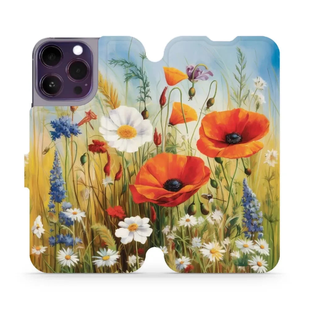 Handyhülle mit klappe für iPhone 14 Pro Max, Mobiwear Book, Wiesenblumen