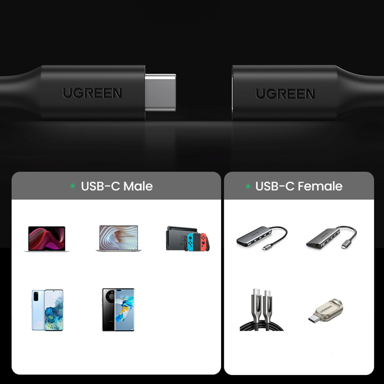 Ugreen 60W, 10Gbps USB-C (Stecker) zu USB-C (Buchse) Lade- und Datenkabel/Verlängerer, PD, QC, 0,5m, Schwarz