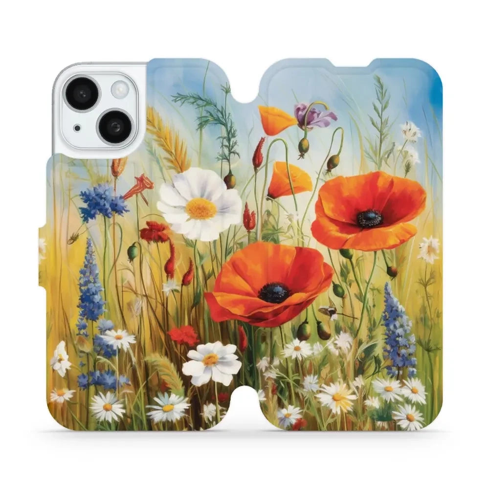 Handyhülle mit klappe für iPhone 15, Mobiwear Book, Wiesenblumen