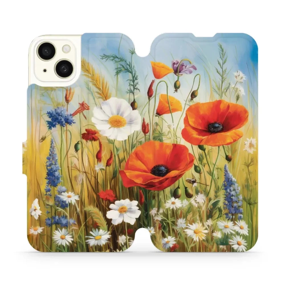 Handyhülle mit klappe für iPhone 15 Plus, Mobiwear Book, Wiesenblumen
