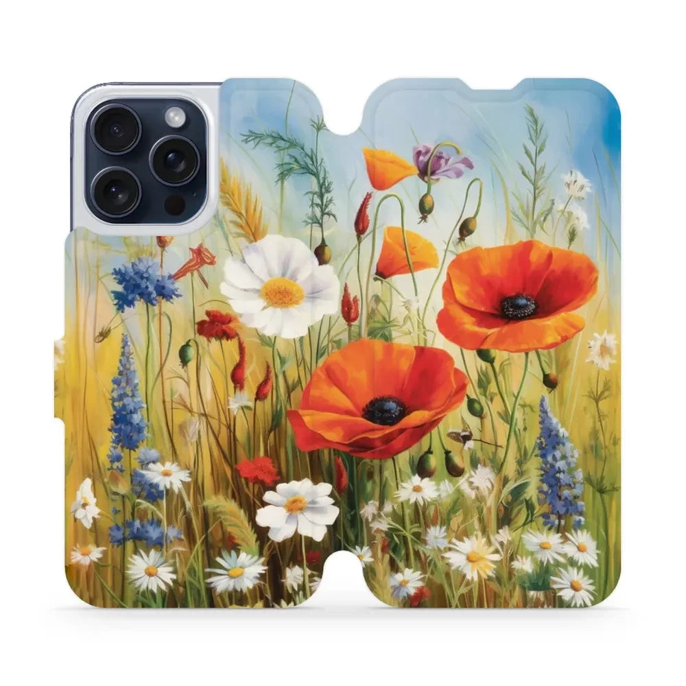 Handyhülle mit klappe für iPhone 15 Pro Max, Mobiwear Book, Wiesenblumen