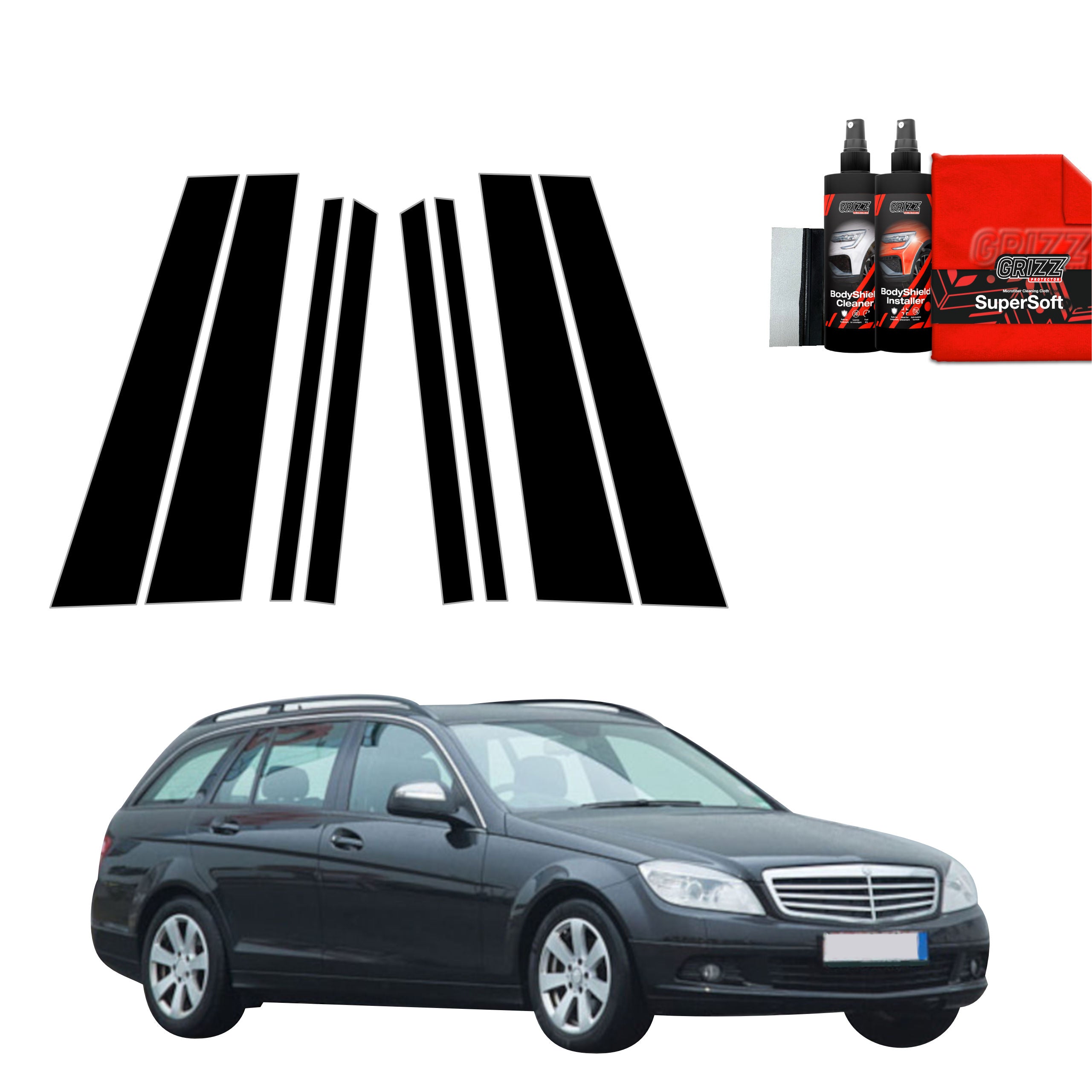 8in1 Schwarze Grizz Protector schutzfolie für B-C-Säule - Mercedes Benz C Klasse S204 Kombi (2007-2011)