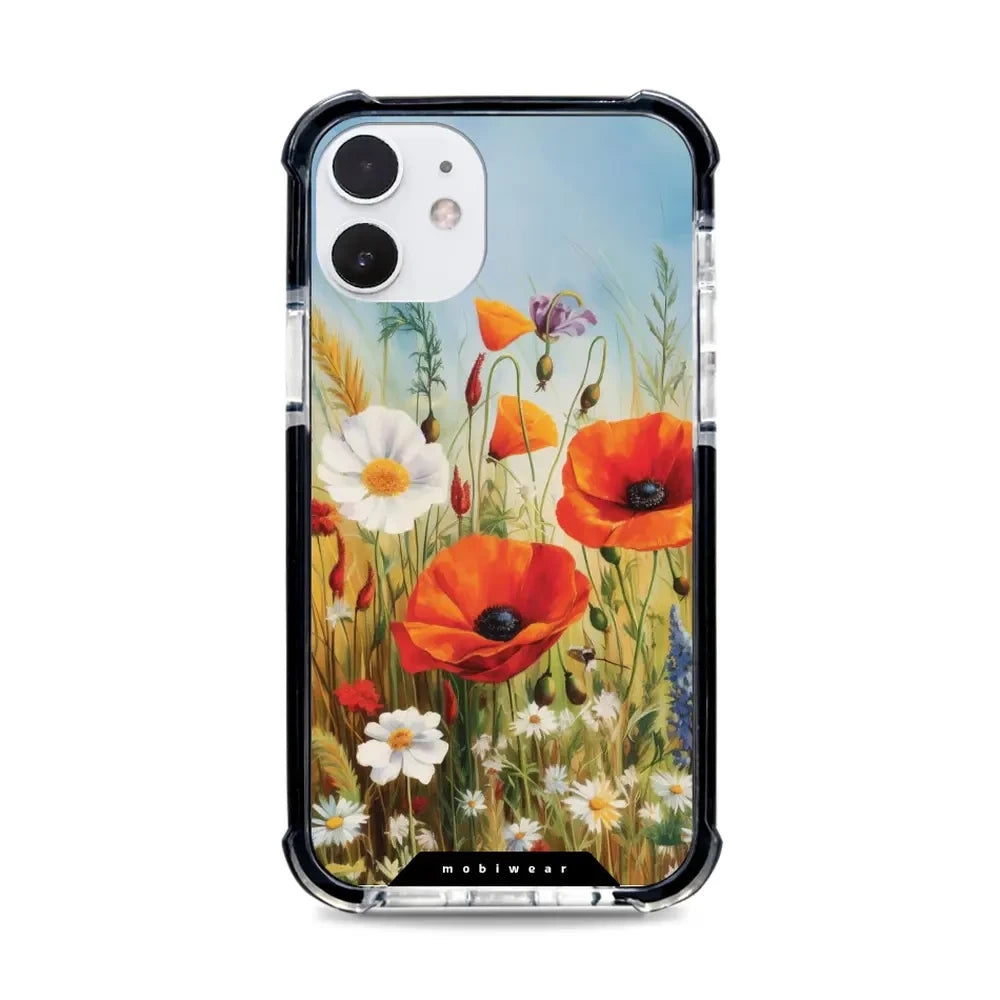 Handyhülle für iPhone 12 mit MagSafe, Mobiwear Elite Bumper, Wiesenblumen