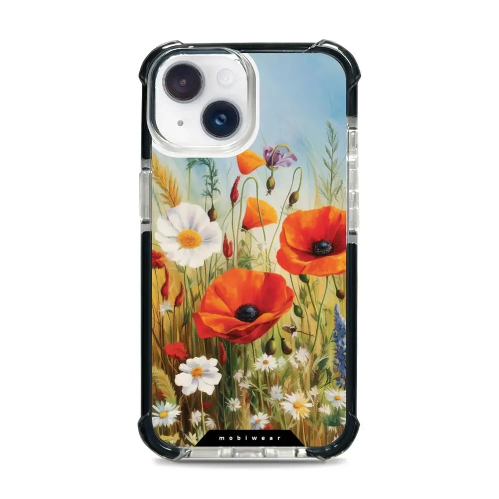 Handyhülle für iPhone 14 mit MagSafe, Mobiwear Elite Bumper, Wiesenblumen