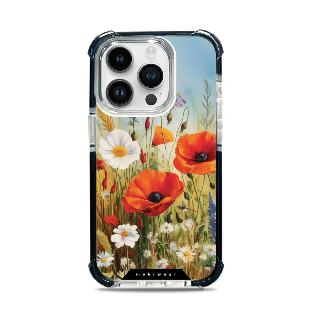 Handyhülle für iPhone 14 Pro mit MagSafe, Mobiwear Elite Bumper, Wiesenblumen