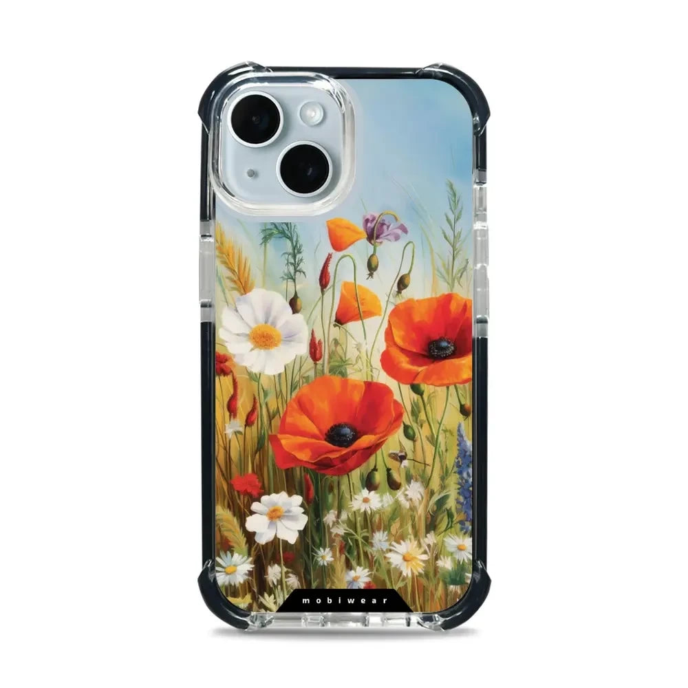 Handyhülle für iPhone 15 mit MagSafe, Mobiwear Elite Bumper, Wiesenblumen
