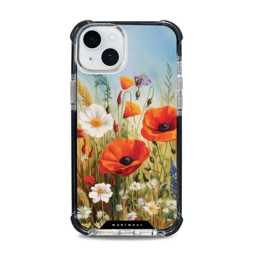 Handyhülle für iPhone 15 Plus mit MagSafe, Mobiwear Elite Bumper, Wiesenblumen