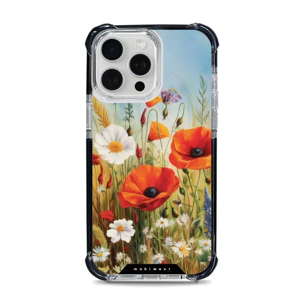 Handyhülle für iPhone 15 Pro Max mit MagSafe, Mobiwear Elite Bumper, Wiesenblumen