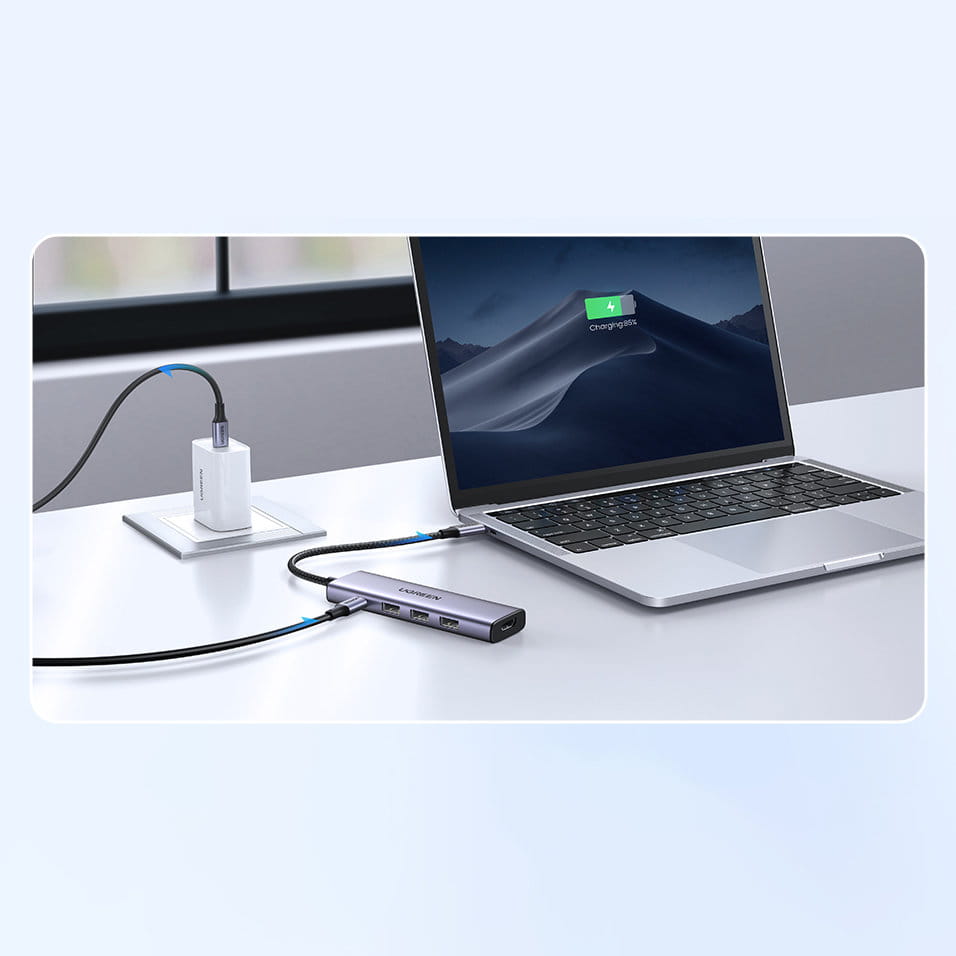 Ugreen 5-in-1 HUB 3x USB 3.2 Gen 1, USB-C, HDMI 4K 30Hz, mit USB-C Stromanschluss, Grau