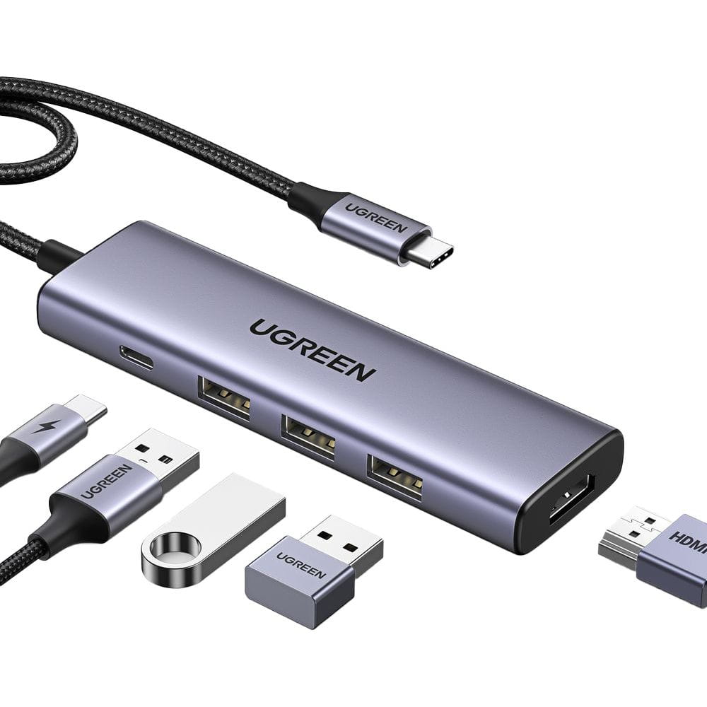Ugreen 5-in-1 HUB 3x USB 3.2 Gen 1, USB-C, HDMI 4K 30Hz, mit USB-C Stromanschluss, Grau
