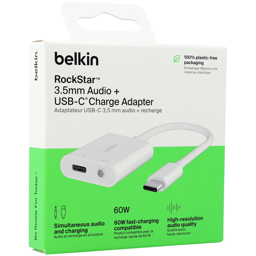 Adapter Belkin RockStar 3.5mm Audio + USB-C Charge 60W, Weiß