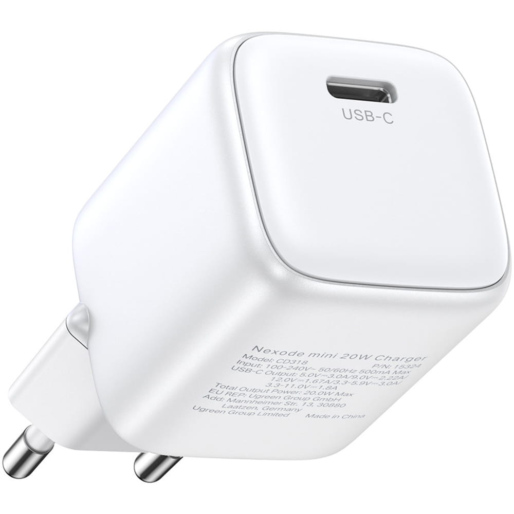Schnell-Ladegerät GaN, Ugreen Nexode Mini USB-C, QC 4.0, PD 20W, Weiß
