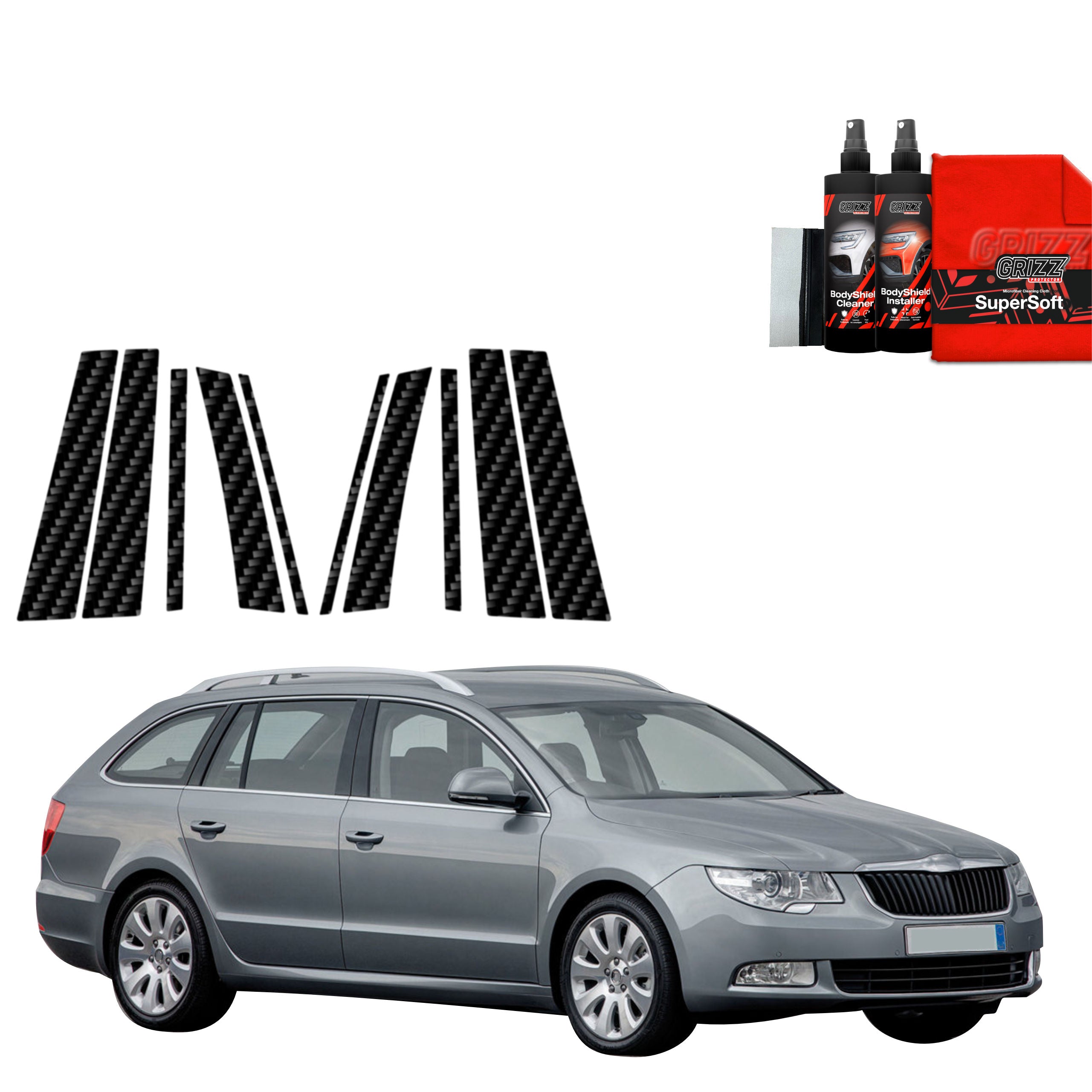 10in1 Kohlenstoff Schutzfolie Grizz Protector für B-C-Säule - Skoda Superb 2 Kombi (2009-2013)