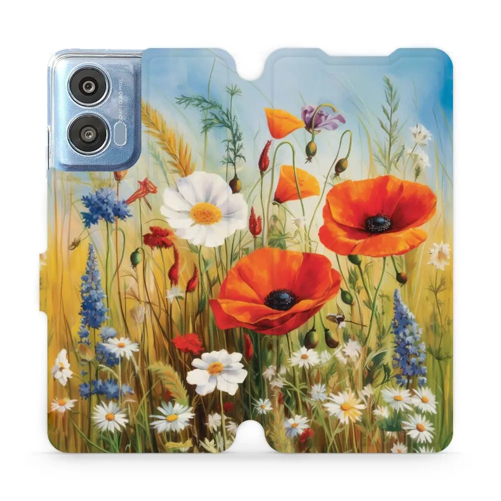 Handyhülle mit klappe für Motorola Moto G04, Mobiwear Book, Wiesenblumen