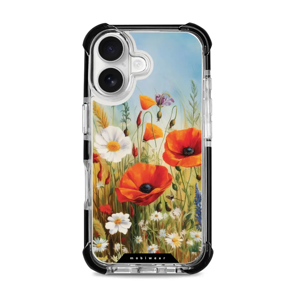 Handyhülle für iPhone 16 mit MagSafe, Mobiwear Elite Bumper, Wiesenblumen
