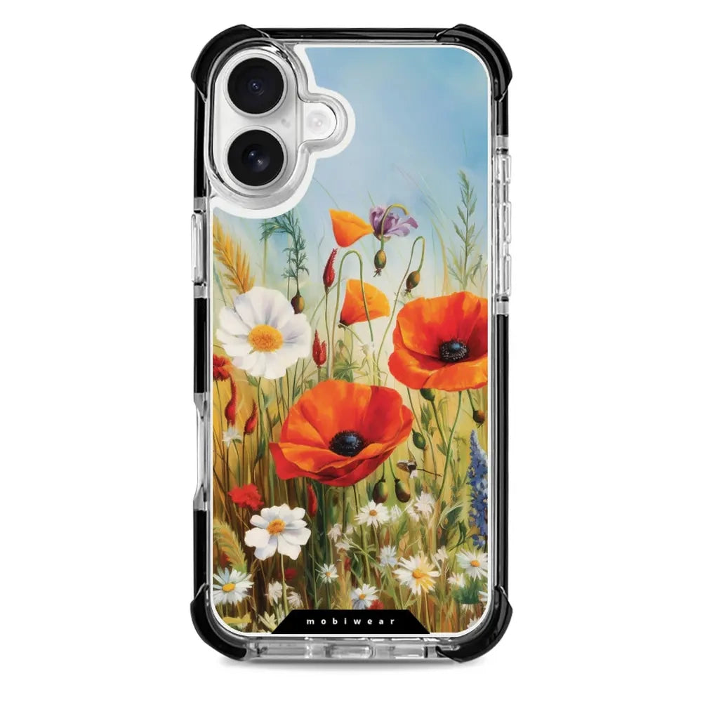 Handyhülle für iPhone 16 Plus mit MagSafe, Mobiwear Elite Bumper, Wiesenblumen