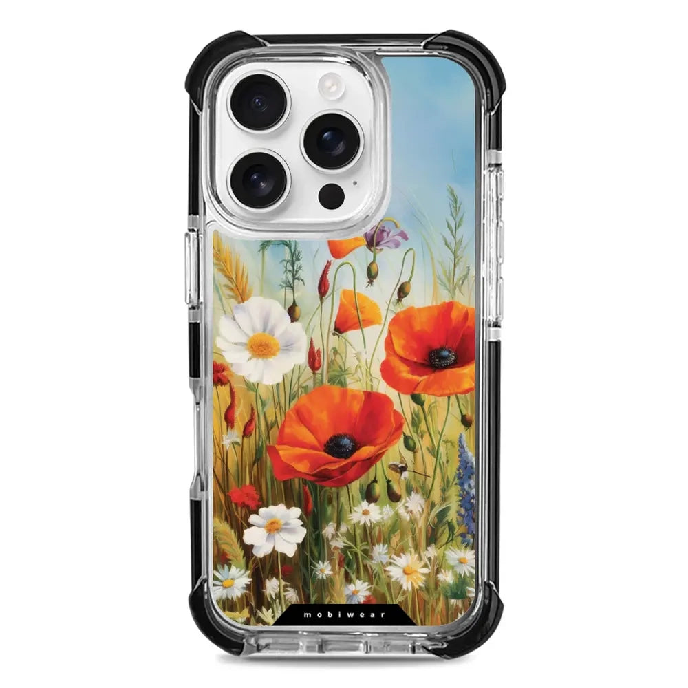 Handyhülle für iPhone 16 Pro mit MagSafe, Mobiwear Elite Bumper, Wiesenblumen