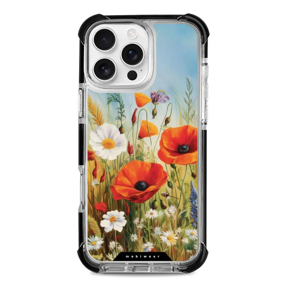 Handyhülle für iPhone 16 Pro Max mit MagSafe, Mobiwear Elite Bumper, Wiesenblumen
