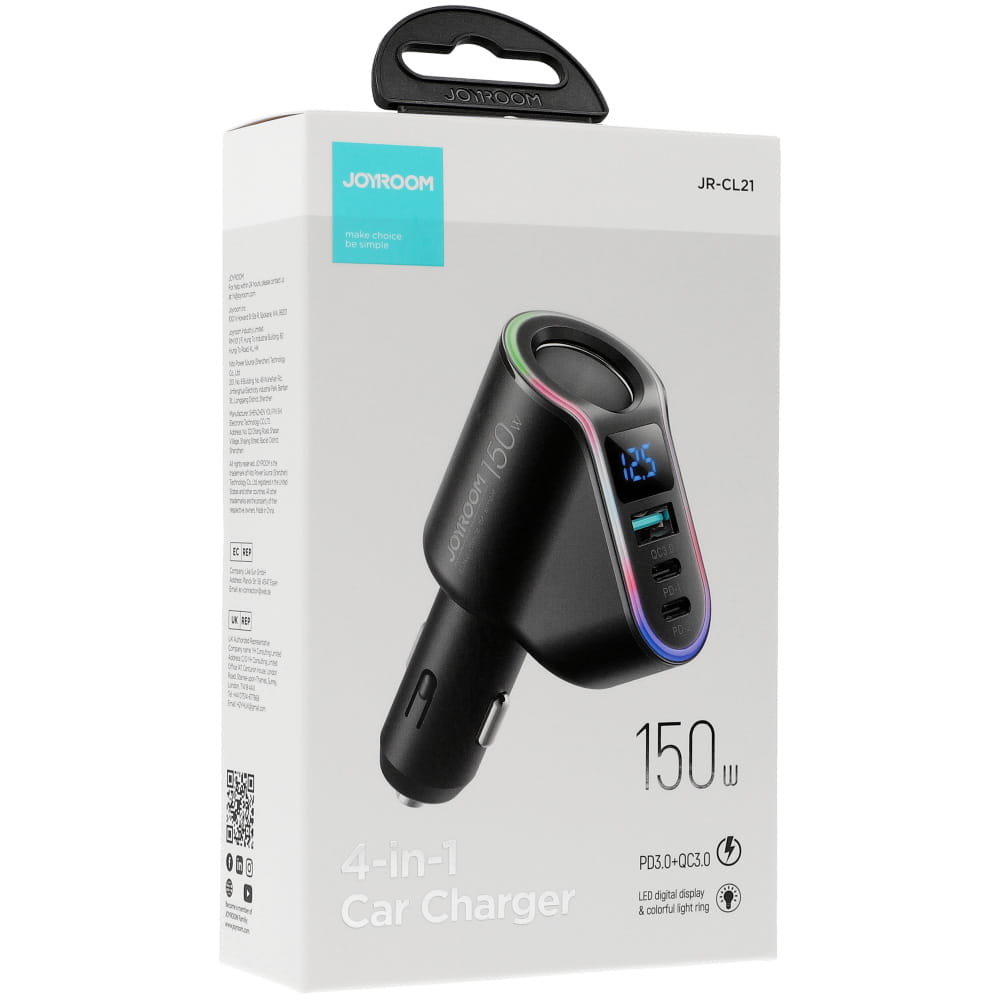 Autoladegerät 4in1 1x USB-A QC 3.0 / 2x USB-C PD 3.0 / 1x Zigarettenanzünder-Verlängerungssteckdose, Joyroom 4-in-1 Car Charger JR-CL21, 150W, Schwarz