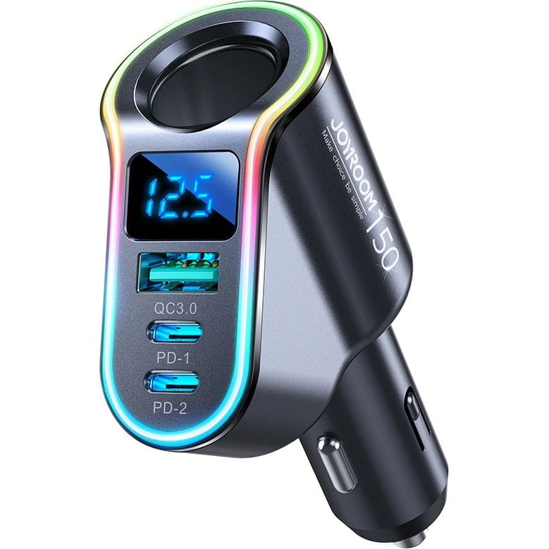 Autoladegerät 4in1 1x USB-A QC 3.0 / 2x USB-C PD 3.0 / 1x Zigarettenanzünder-Verlängerungssteckdose, Joyroom 4-in-1 Car Charger JR-CL21, 150W, Schwarz