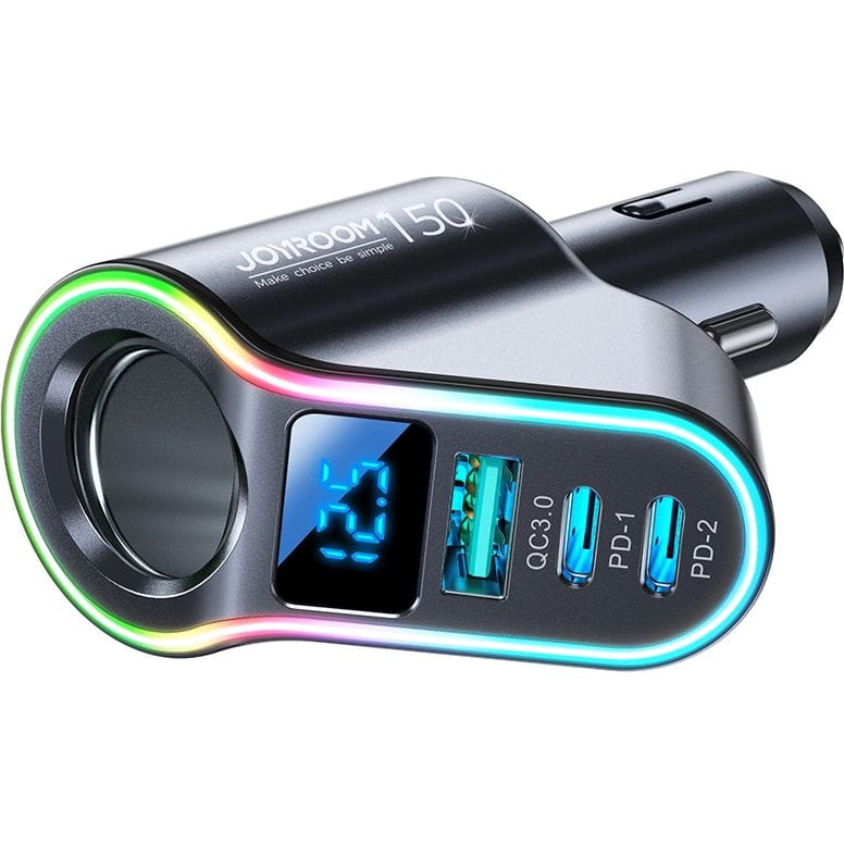 Autoladegerät 4in1 1x USB-A QC 3.0 / 2x USB-C PD 3.0 / 1x Zigarettenanzünder-Verlängerungssteckdose, Joyroom 4-in-1 Car Charger JR-CL21, 150W, Schwarz