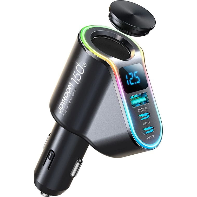 Autoladegerät 4in1 1x USB-A QC 3.0 / 2x USB-C PD 3.0 / 1x Zigarettenanzünder-Verlängerungssteckdose, Joyroom 4-in-1 Car Charger JR-CL21, 150W, Schwarz