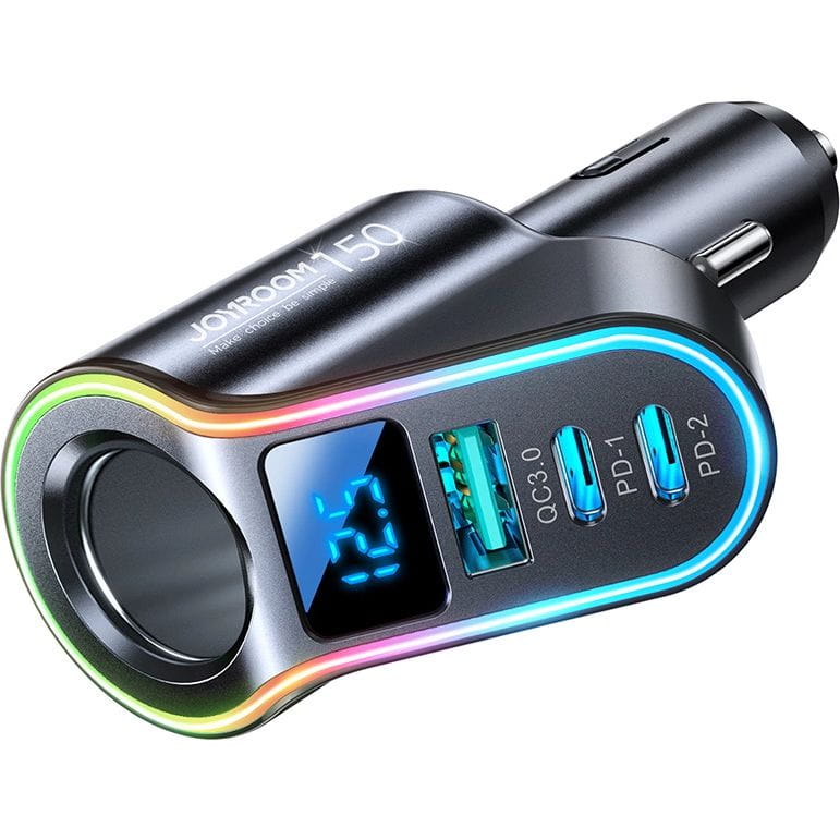 Autoladegerät 4in1 1x USB-A QC 3.0 / 2x USB-C PD 3.0 / 1x Zigarettenanzünder-Verlängerungssteckdose, Joyroom 4-in-1 Car Charger JR-CL21, 150W, Schwarz