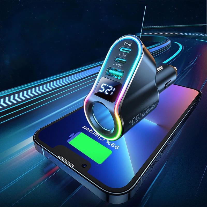 Autoladegerät 4in1 1x USB-A QC 3.0 / 2x USB-C PD 3.0 / 1x Zigarettenanzünder-Verlängerungssteckdose, Joyroom 4-in-1 Car Charger JR-CL21, 150W, Schwarz