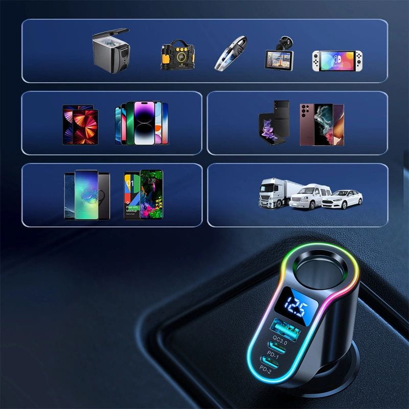 Autoladegerät 4in1 1x USB-A QC 3.0 / 2x USB-C PD 3.0 / 1x Zigarettenanzünder-Verlängerungssteckdose, Joyroom 4-in-1 Car Charger JR-CL21, 150W, Schwarz