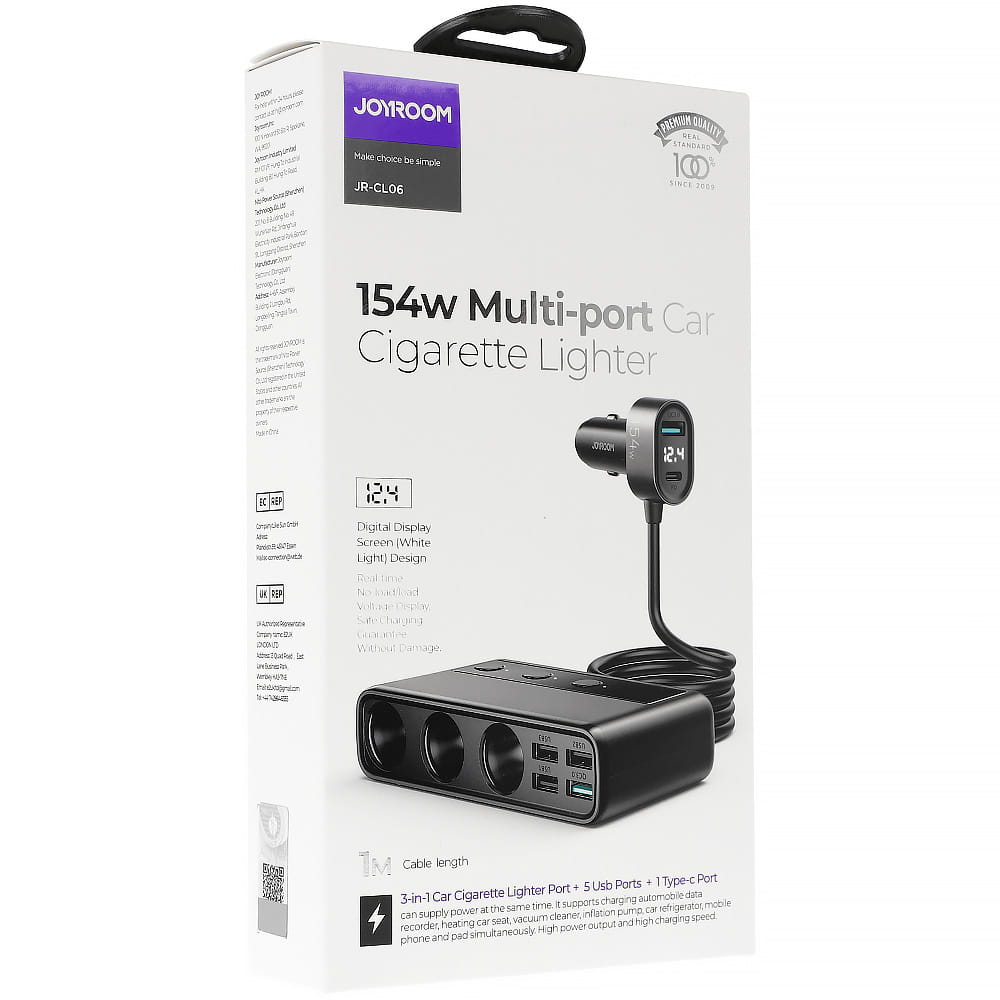 Autoladegerät 9in1 5x USB-A QC / 1x USB-C PD / 3x Zigarettenanzünderbuchse, Joyroom Multi-Port Car Cigarette Lighter JR-CL06, 154W, Schwarz