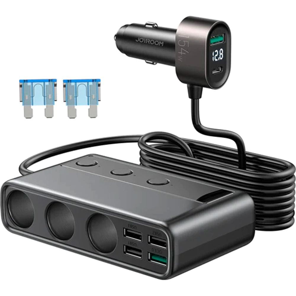 Autoladegerät 9in1 5x USB-A QC / 1x USB-C PD / 3x Zigarettenanzünderbuchse, Joyroom Multi-Port Car Cigarette Lighter JR-CL06, 154W, Schwarz