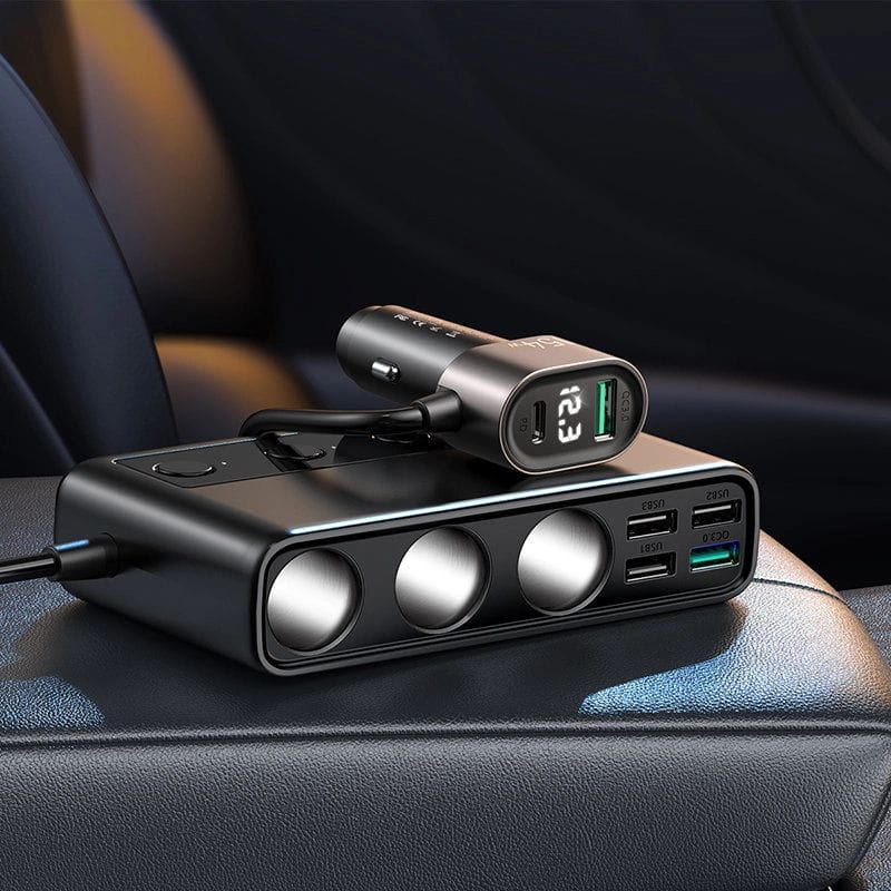 Autoladegerät 9in1 5x USB-A QC / 1x USB-C PD / 3x Zigarettenanzünderbuchse, Joyroom Multi-Port Car Cigarette Lighter JR-CL06, 154W, Schwarz