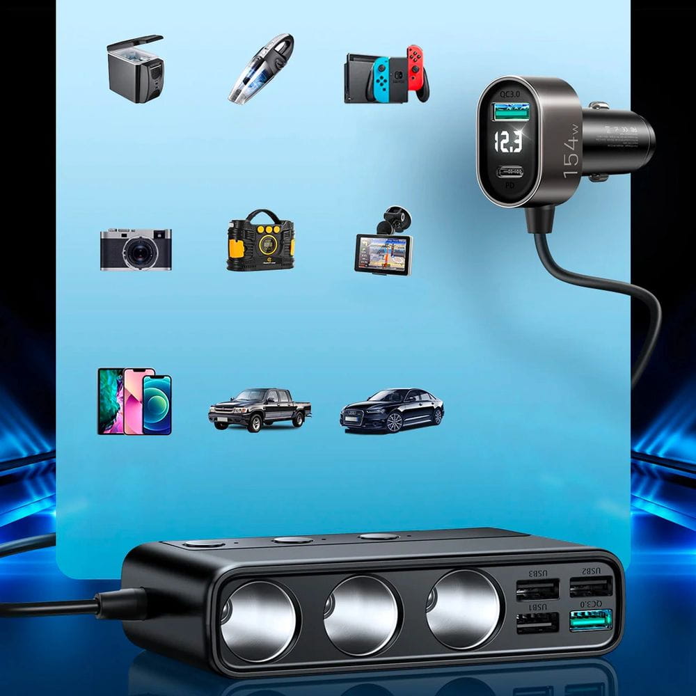Autoladegerät 9in1 5x USB-A QC / 1x USB-C PD / 3x Zigarettenanzünderbuchse, Joyroom Multi-Port Car Cigarette Lighter JR-CL06, 154W, Schwarz