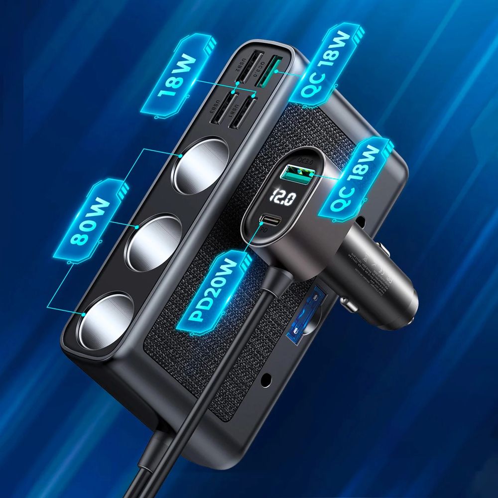 Autoladegerät 9in1 5x USB-A QC / 1x USB-C PD / 3x Zigarettenanzünderbuchse, Joyroom Multi-Port Car Cigarette Lighter JR-CL06, 154W, Schwarz