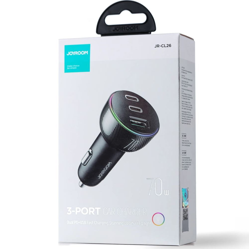 Autoladegerät 1x USB-A QC 3.0 / 2x USB-C PD 3.0, Joyroom Car Charger JR-CL26, 70W, Schwarz