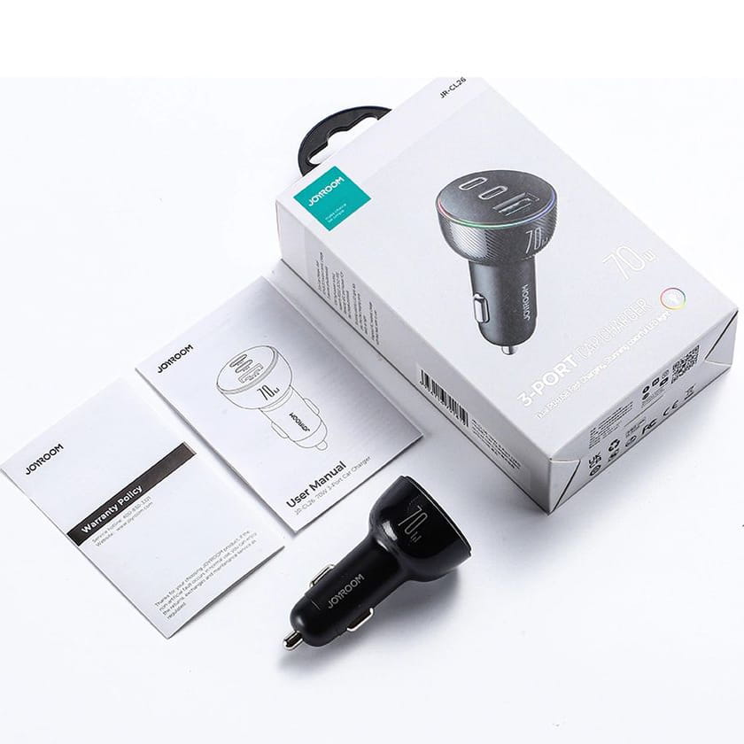 Autoladegerät 1x USB-A QC 3.0 / 2x USB-C PD 3.0, Joyroom Car Charger JR-CL26, 70W, Schwarz