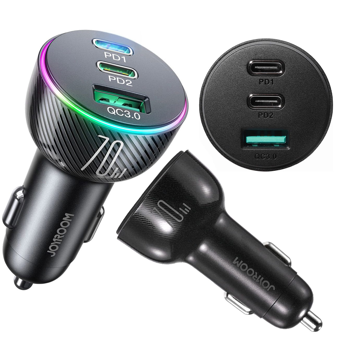Autoladegerät 1x USB-A QC 3.0 / 2x USB-C PD 3.0, Joyroom Car Charger JR-CL26, 70W, Schwarz