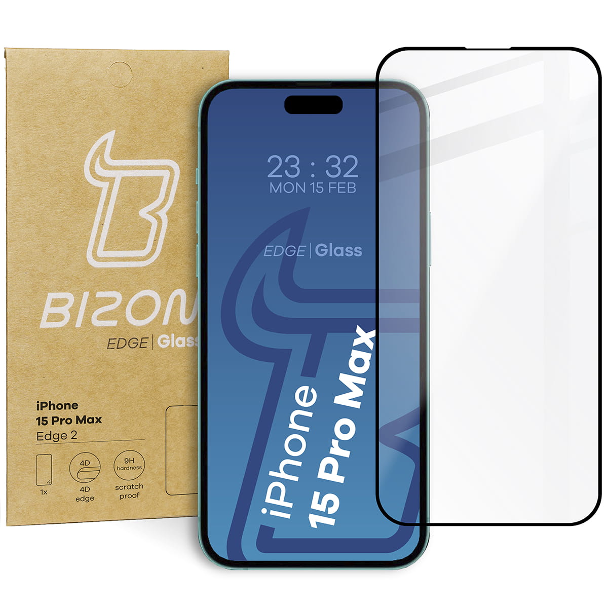 Gehärtetes Glas Bizon Glass Edge für iPhone 15 Pro Max, schwarz