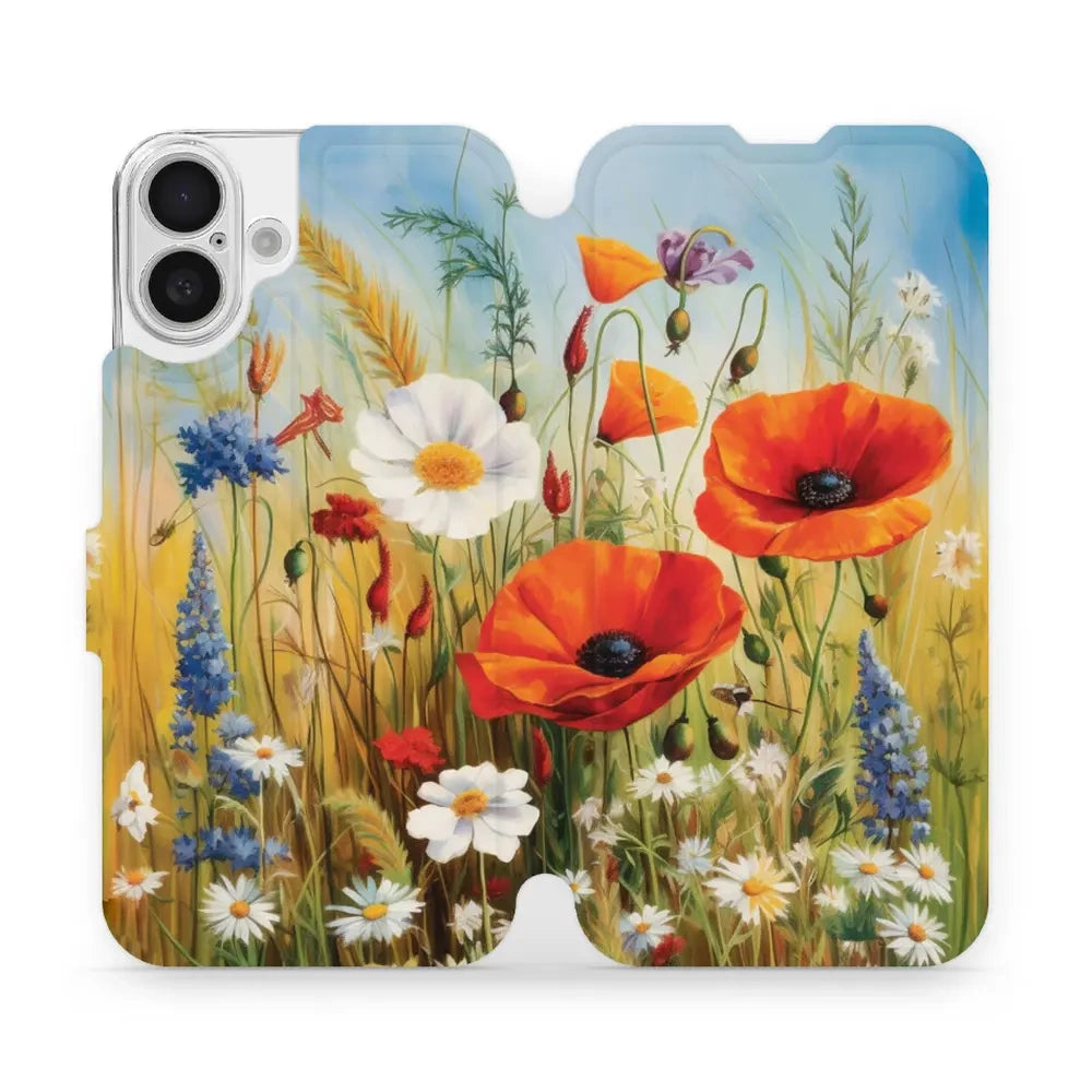 Handyhülle mit klappe für iPhone 16 Plus, Mobiwear Book, Wiesenblumen