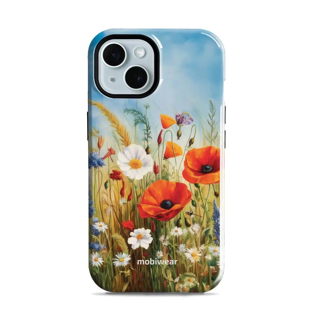 Handyhülle für iPhone 15, Mobiwear Elite Pro, Wiesenblumen