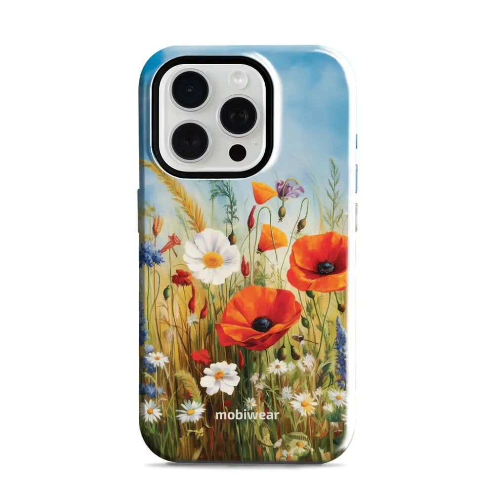 Handyhülle für iPhone 15 Pro, Mobiwear Elite Pro, Wiesenblumen