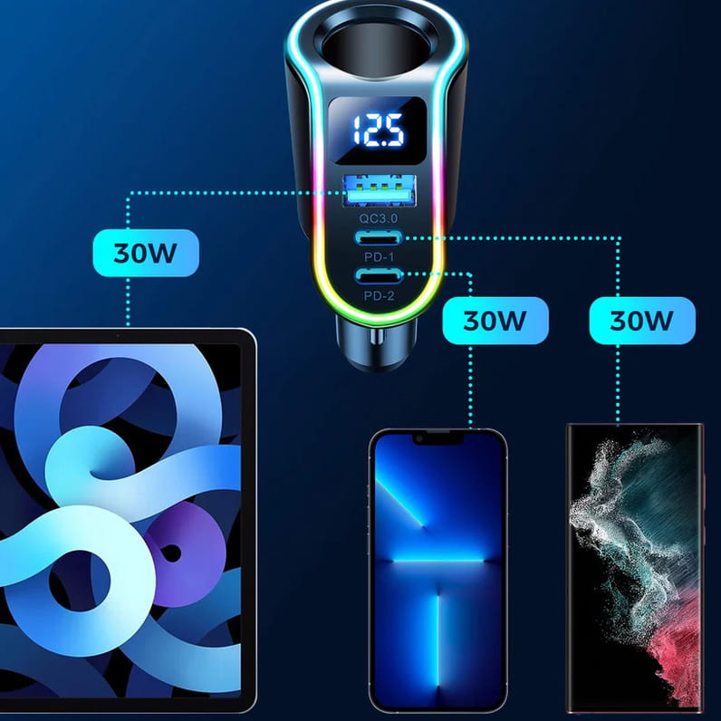 Autoladegerät 4in1 1x USB-A QC 3.0 / 2x USB-C PD 3.0 / 1x Zigarettenanzünder-Verlängerungssteckdose, Joyroom 4-in-1 Car Charger JR-CL21, 150W, Schwarz