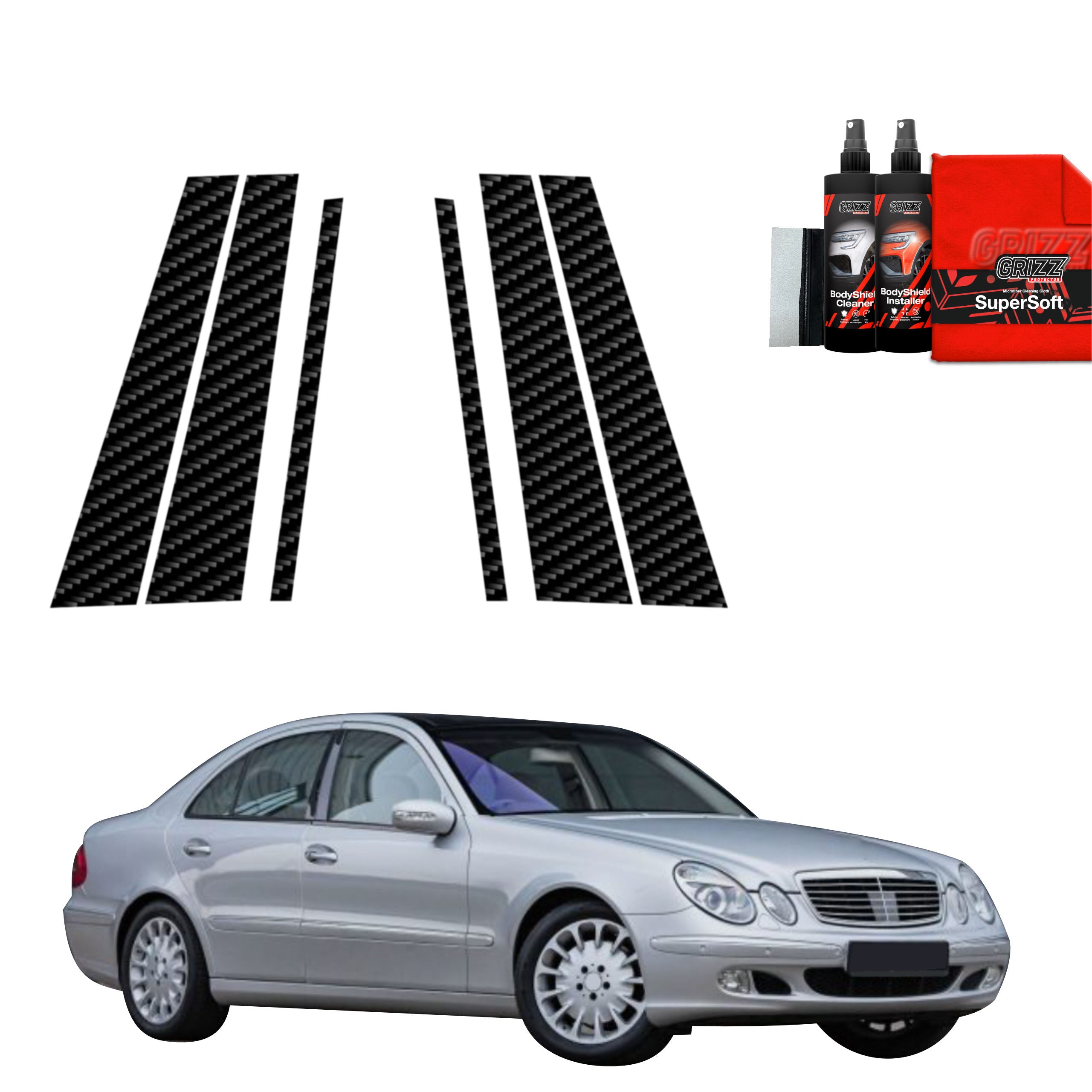 6in1 Kohlenstoff Schutzfolie Grizz Protector für B-C-Säule - Mercedes Benz E Klasse W211 Sedan (2002-2009)