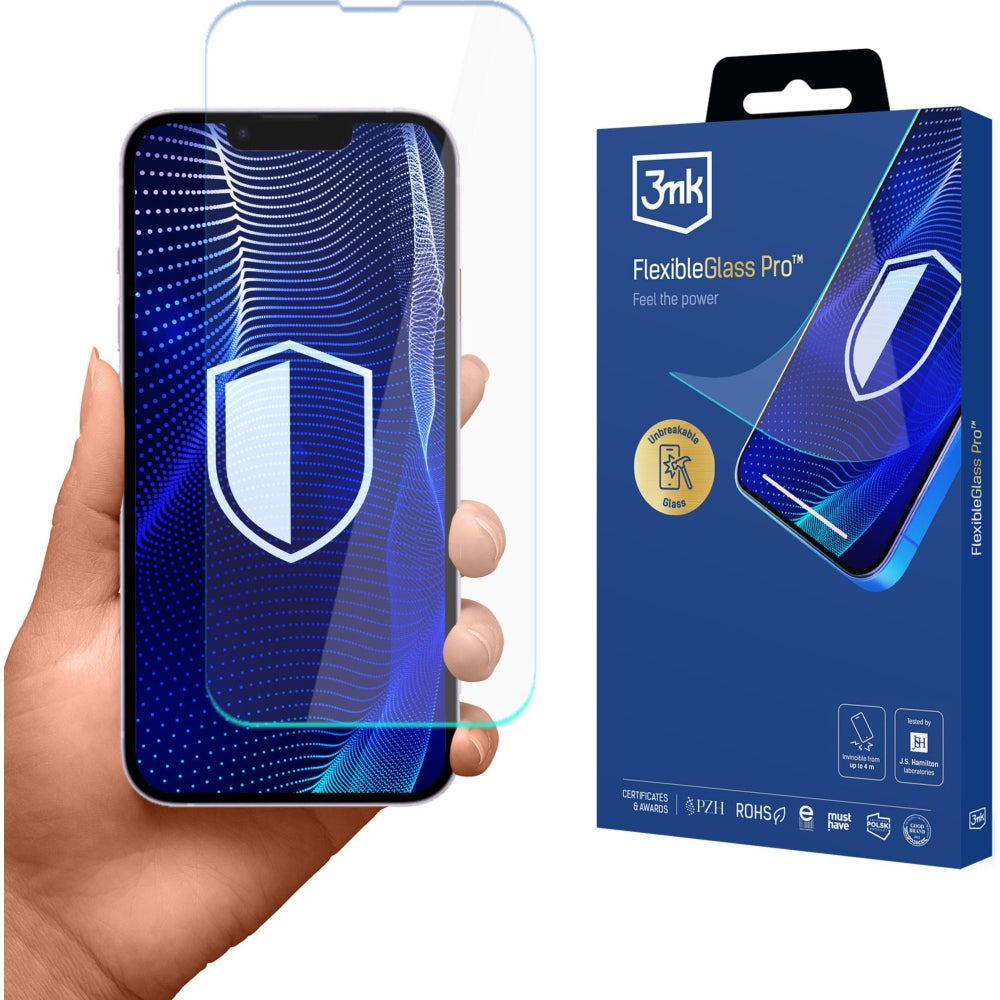 3mk FlexibleGlass Pro for iPhone SE 2025, showcasing hybrid glass protection with a shield design.