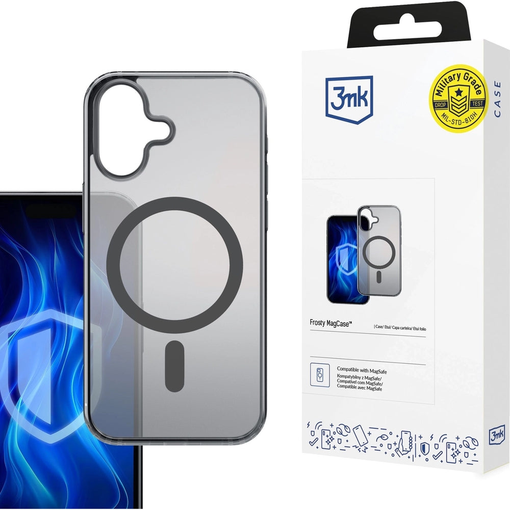 Handyhülle für iPhone 16, 3mk Frosty MagCase, Transluzent mit Schwarz