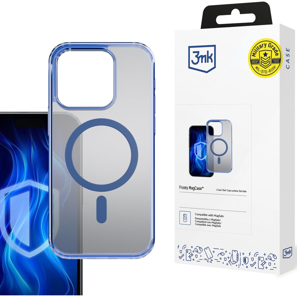 Handyhülle für iPhone 16 Pro, 3mk Frosty MagCase, Transluzent mit Blau