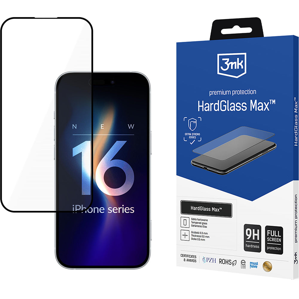 Gehärtetes Glas für iPhone 16 Plus, 3mk HardGlass Max, Schwarzen Rahmen