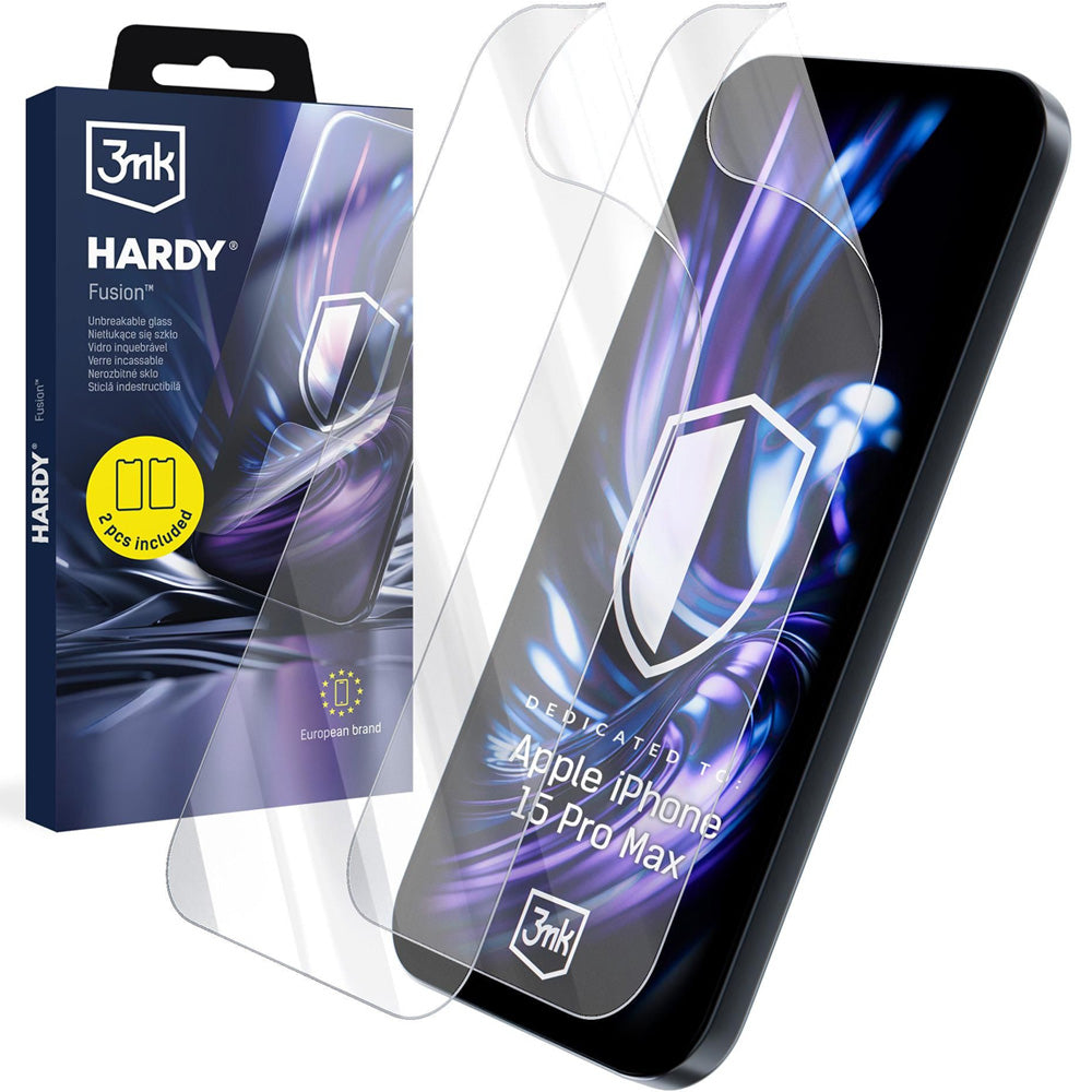 Hybridglas für iPhone 15 Pro Max, 3mk Hardy Fusion, 2 Stück